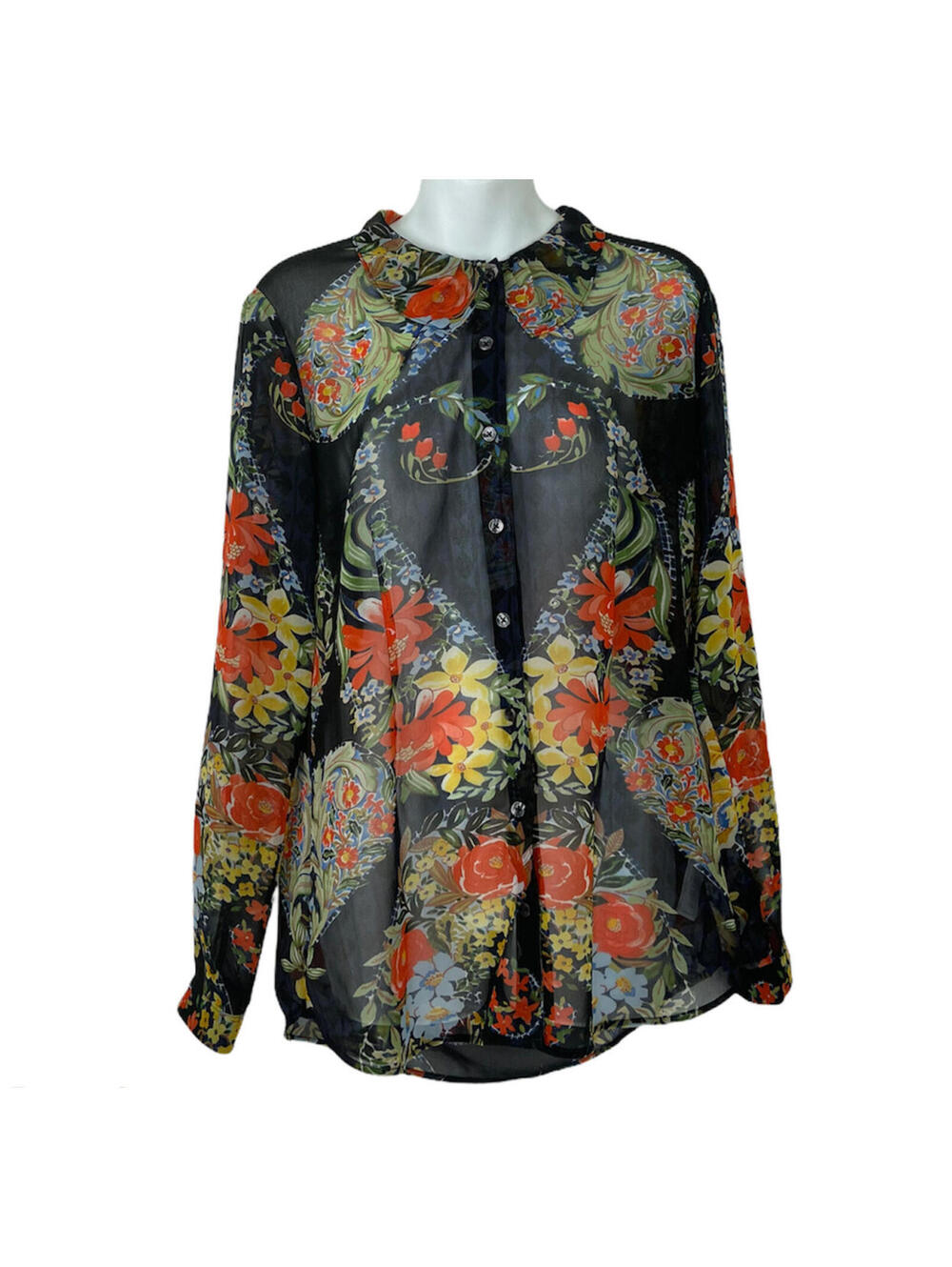 Cabi #3072 Amour Black Floral Blouse Long Sleeve Button Down Semi Sheer Small